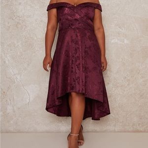 Chi Chi London Curve Bardot Midi Red Jacquard Party Dress Size 20